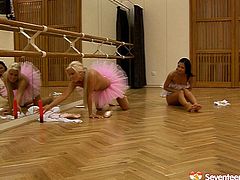 Sexy dolls in tutu skirts poking their pussies with smooth sex toy having hot teen lesbo sex