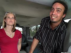 A fucking dirty-ass whore hops into this dude's car and fucking suck his dick and rides his hard fucking rod, check it out!