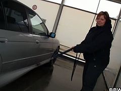 This aged and fat European slut was picked up from a car wash. Then, she was taken home, to take a shower and fucked right there.