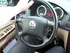 Susi Sudberg pulls out a big dildo and plays with herself beside her boyfriend in the car. After she gets herself off, she goes down on him and sucks his cock really hard. She licks the tip of his dick with her tongue.