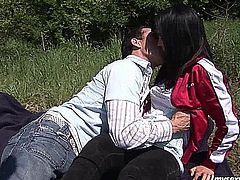 Slutty brunette teen honey Nikki gets shaved pussy fucked and ass jizzed outdoors in the nature