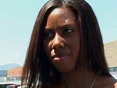 Slutty black chick gets out of the car in the parking lot. Dirty-minded chick in tight top mesmerizes a horny black man with her huge boobs. Surely this voracious dude seeks for a chance to fuck her wet cooch.