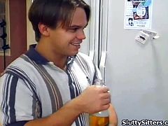 Naughty blonde babysitter gets down and dirty with the couple she works for. They drink some beer and before you know it, they end up fucking in a hot threesome scene that you can't miss!