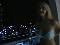 Aroused dude meets up with a seductive blond cutie in the hallway so he lures her to his hotel room. They head to the balcony with a great view on night city where she kneels down in front of him to mouth fuck his strain massive dick in pov sex scene by Pornstar.