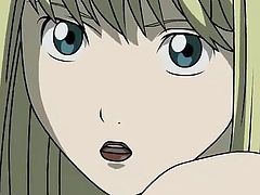 This blonde girl from the Death Note found this guy masturbating. She then wraps her hands around his cock and jerks him off. She kneels underneath the penis and continues to rub it while lustfully waiting a big load on her pretty face.