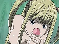 This blonde girl from the Death Note found this guy masturbating. She then wraps her hands around his cock and jerks him off. She kneels underneath the penis and continues to rub it while lustfully waiting a big load on her pretty face.