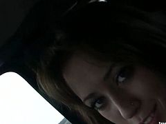 Naughty and playful brunette starts to touch and stimulates his cock in pants. She is eager to give him blowjob while he drives a car.