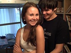 Cute gal gets her tight pussy smashed in adorable teen doggy style fuck