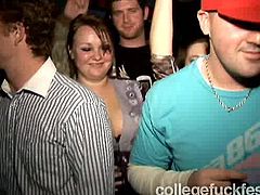 Sexually charged brunette babe with small tits is nailed hard in her clam in a missionary position. Coeds are watching the couple fucking hard right at the college party.