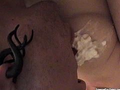 She smears whipped cream over her nipples and pussy and her boyfriend licks it off. He likes to fondle her sexy body and gives her tongue job.