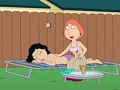 Lois is in the neighbors' backyard visiting Bonnie. She helps her put lotion on and then they start to get horny, deciding to have lesbian sex. Their husbands Joe and Peter do not know about this. Bonnie licks Lois' nipples and things get naughtier.