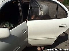 This naughty young brunette gets picked up by two horny dudes in the car and they take her to a secluded area and convince her to get naked and one guy starts licking her twat on the hood of the car.