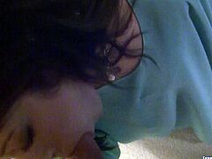 Horn made long haired brunette MILF gives blowjob to long hard cock