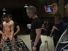 Handsome blue stud Emanuel gets bound by Spencer Reed and other poofs in a basement. The gays humiliate Emanuel and then poke their dicks into his mouth and ass.