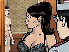 Sterling Archer and Lana Kane are two super spies who have very intense sexual chemistry. Cyril has come to make up with his ex Lana, but when he opens the door he sees Lana and Archer have been fucking. The sexy black babe is wearing black lingerie and she sucks Archer's stiff cock until it's wet.