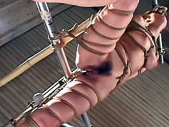 Delicious Asian gal has her pussy stimulated during bondage