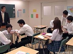 Petite schoolgirl is being balled by her classmates in MMF