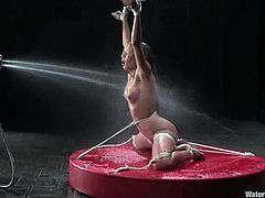 Slim hottie Keeani Lei gets bound and suspended in a basement. Some man fucks Keeani's nice pussy with a dildo and then pours cold water on the girl's body.