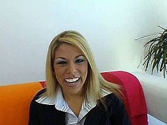 Sextractive blonde mommy is here to please your sexual fantasies. Seductive MILF takes off her top squeezing her boobs. Then she flashes her muff upskirt.