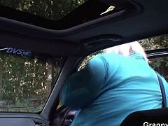 This granny was hitchhiking when a handsome young man took her with him. They went on a side road and he fucked her old snatch.