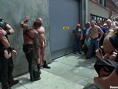 Luke Riley gets bound by Nick Moretti and other poofs in the street. The dudes torment and humiliate Luke and then fuck his ass doggy style by turns.
