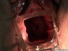 Curvy brunette mature moans with pleasure while a young perverse dude tickles her vagina with a vibrator and later stretches it with gynecological speculum in peppering sex video by 21 Sextury.