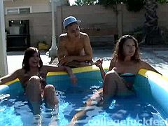Spoiled brunettes and blondies are kinky college girls. Ardent nymphos with sweet tits desire to turns college party into a super hot orgy right near the pool and lure dudes for sex right away.