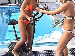 Angelic blonde lesbian teen babes Tara and Yasmin pleasing their petite pink twats with dildo at poolside