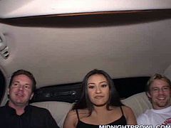 This naughty floosie wearing sexy black fishnet stockings are everything your cock desires. She spreads her legs in the car and two dudes start to fondle her.