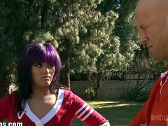 Christian XXX gets to fuck the ass hole of a cute teen shemale with purple hair. She wants to become a cheerleader, so she agrees.