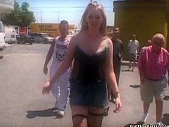 Well, there's no doubt that this bitchie blondie with pale droopy boobs is a great blowlerina. Wondrous hottie is in the gym and sucks two strong dicks passionately for gooey sperm.