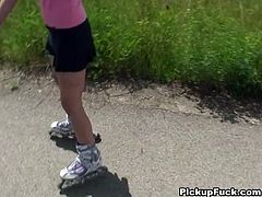 Pretty girl on roller skates proves she can get slutty in front of the camera. They ask her to take off her clothes and to suck cock in exchange for money.