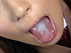 Naughty japanese babes having their sweet mouths filled with cum in bukkake scenes