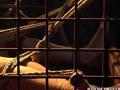 Poor brunette chick is tied up in a small cage. Her legs and hands are spread wide leaving her in vulnerable position. So blonde mistress is playing naughty sex games with her submissive lover.