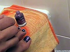 Stephanie may be your ex girlfriend, but she still likes having you around. She likes to emasculate you, as you watch, how she paints her sexy toenails in your bathroom. The colour looks nice on her toes.