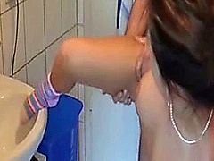 I put my spycam in the bathroom and came in early in the morning when my GF was cleaning her teeth She was surprised when she saw my horny cock begging for blowjob