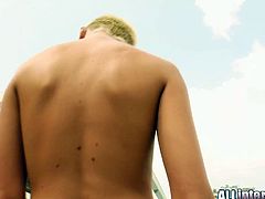 See the nasty short-haired blonde babe Cj stripping off by the poolside before her shaved pussy gets banged balls deep into kingdom come and filled with hot sperm.