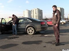 This dude doesn't wastes his time! He gets out of his car, rubs his dick and then the security guard approaches him. Instead of doing his job the guy grabs the dude's penis and gives it a short suck, right there in the middle of the parking lot. They then go somewhere private where they can have some real fun.