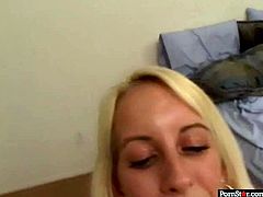 Sextractive blond MILF stands in front of aroused fucker allowing him stroke her shaved pussy and pink nippled tits before she goes down to oral fuck his penis in pov sex video by Pornstar.