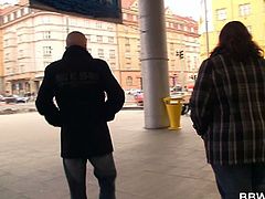 This European brunette BBW was just standing on the street when approached by a hot guy and convinced to go back to his place for hot sex where she gets banged from behind in this free tube video.