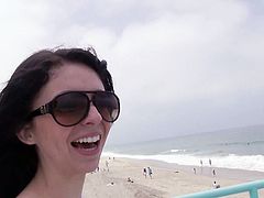 Cuddly dark head chick with small tits is chilling at the beach with her lover. When they are indoor, she gives him hot blowjob taking the rod all the way in. Then she takes off her clothes letting the guy eat wet slick pussy.