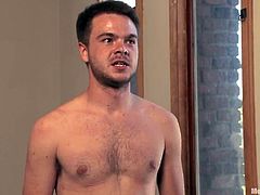 Lewd poofter James Riker is having fun with his dominant buddies. He gets bound and blindfolded and then enjoys a handjob and gets his ass pounded with a dildo.
