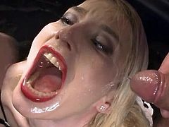 Slutty blonde swallows huge loads of piss during top bukkake fetish orgy