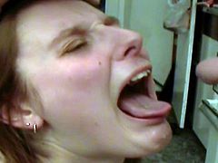 Redhead gives deep oral before having her pussy nailed hard by older guy