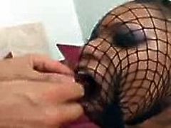 Fishnet Wearing Black Chick Chokes On White Dick