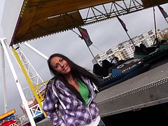 Voracious dude notices alluring long haired brunette chic at the park. She demonstrates him her tits before he lures her to his office where she gives him a steamy blowjob.