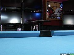 This insatiable blondie has no idea how to play pool but she knows how to treat a good, hard cock! She takes her lover's meat pole in her hungry mouth and sucks it passionately like mad.