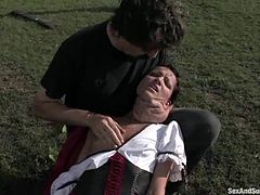 Bald and brunette chicks strip their clothes off and get bounded by a farmer. After that they get whipped, toyed and fucked.