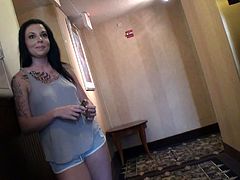 Punky girl is wearing shapeless T-shirt and shorts. She flashes her tits for cam before taking meaty cock in her mouth and sucking dick in POV.