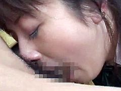 Horny japanese babe gets nailed right and splashed with cum in bukkake scene